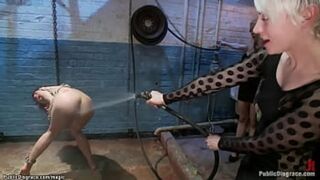 Miss Lorelei Lee restrains brunette Bianca Stone, touches her and makes her urinate in a public shower🚿 🚽.
