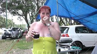 Boss orders sexy MILF to display her boobs and snatch at the campsite
