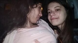 Three-way action in a car with two girls, cum in mouth and swallow