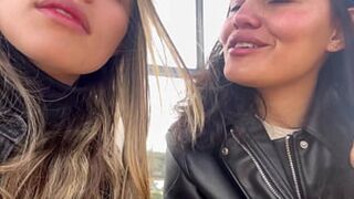Slutty lesbians touching each other in public in a park in Colombia