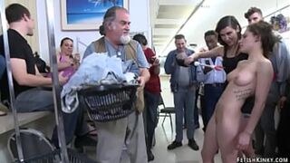 Big cock Astral Dust anal fucks bound brunette babe Nikita Bellucci while mistress Princess Donna Dolore helping him in crowded public laundromat