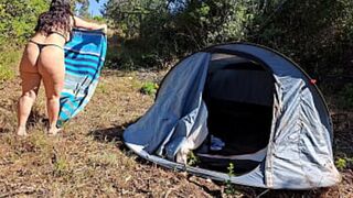 Outdoor camper gets internal creampie in public forest