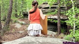 Babe rubs clit outside —  intense sex and creampie inside the woods