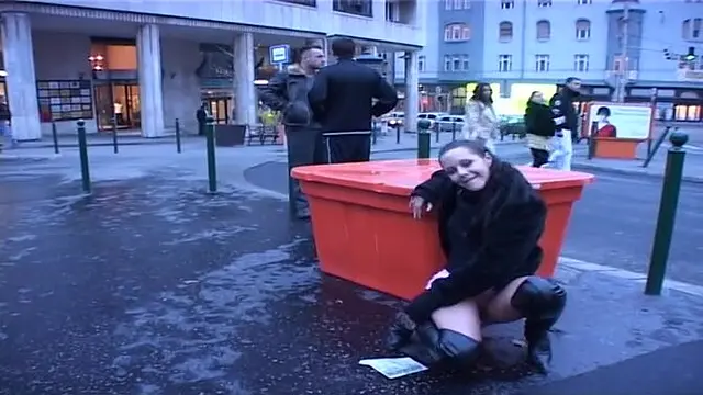 Public urination with a cute brunette