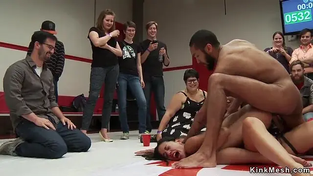Lesbian wrestler ties opponent and lets public finger fuck her then gangbang fuck and double penetration on mats