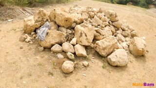 Blindfolded naive lady convinced for outdoor sex in gravel pit