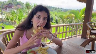 Cum on Face While Eating Burger in Public Cafe